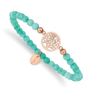Chisel Stainless Steel Rose IP-plated Tree of Life 4mm Mint Jade Beaded Stretch Bracelet - 1 of 4