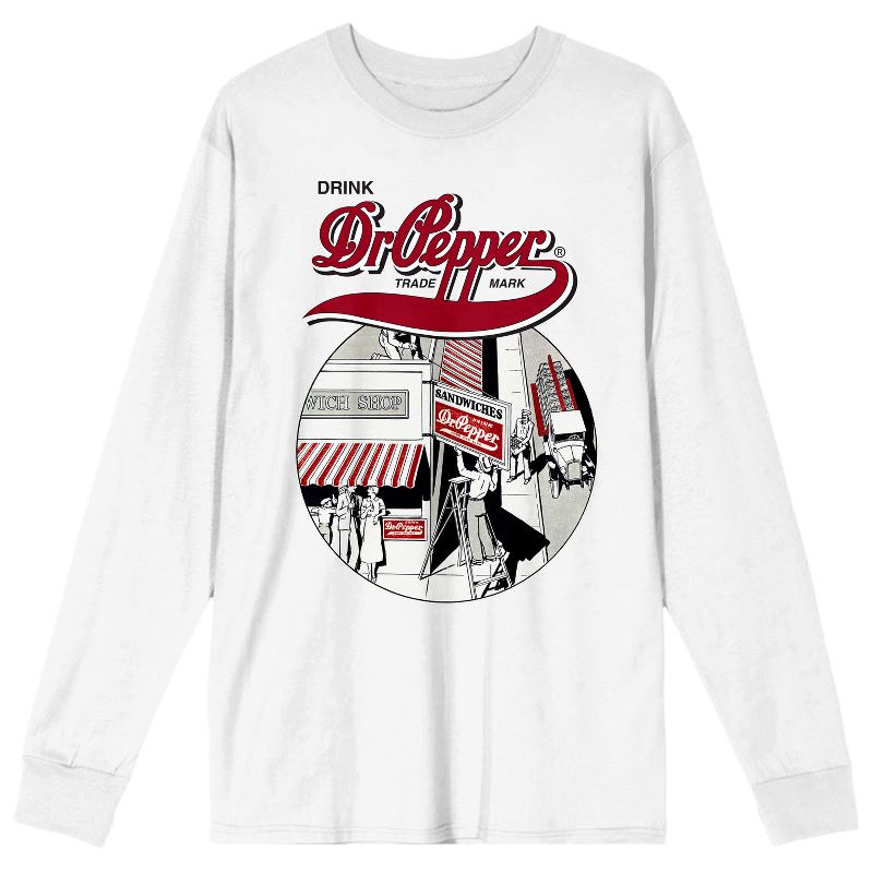 Dr. Pepper Vintage Circular Art with Logo Women's White Long Sleeve Crew Neck Tee, 1 of 4