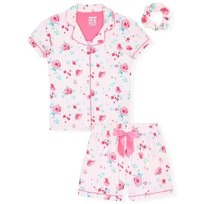 Sleep On It Girls 2-Piece Short-Sleeve Button Down Collared Coat Pajama Set with Matching Scrunchie