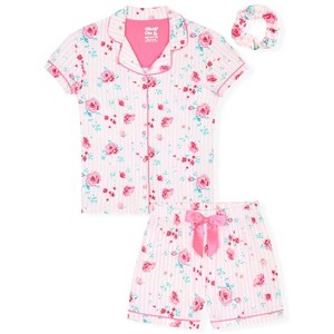 Sleep On It Girls 2-Piece Short-Sleeve Button Down Collared Coat Pajama Set with Matching Scrunchie - 1 of 4