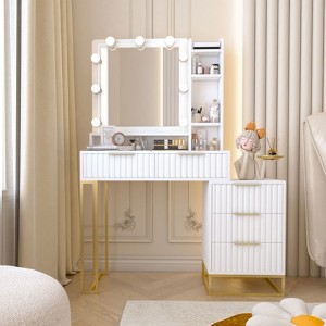 NicBex Vanity Desk with Mirror Vanity Table with Square Mirror, 5 Drawers, Makeup Vanity with Side Cabinet, Storage Shelves for Bedroom, White - 1 of 4