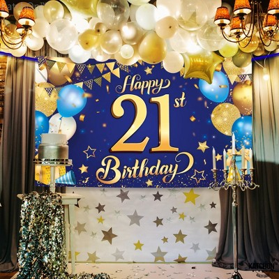 KatchOn, Blue and Gold Happy 21st Birthday Banner - XtraLarge, 72x44 Inch | Cheers to 21 Years Old Birthday Decorations