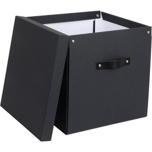 Bigso Logan Collapsible Storage Box – Cube with Lid & Leather Handle for Shelves or Organizers, Dark Grey - 1 of 4
