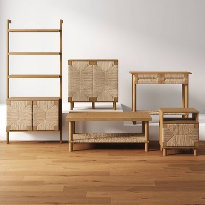 Brown Wood 3-Shelf Bookcase with Seagrass Doors