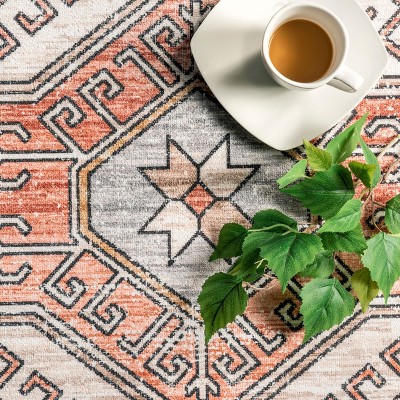 Light Gray Tribal Motif Washable Area Rug