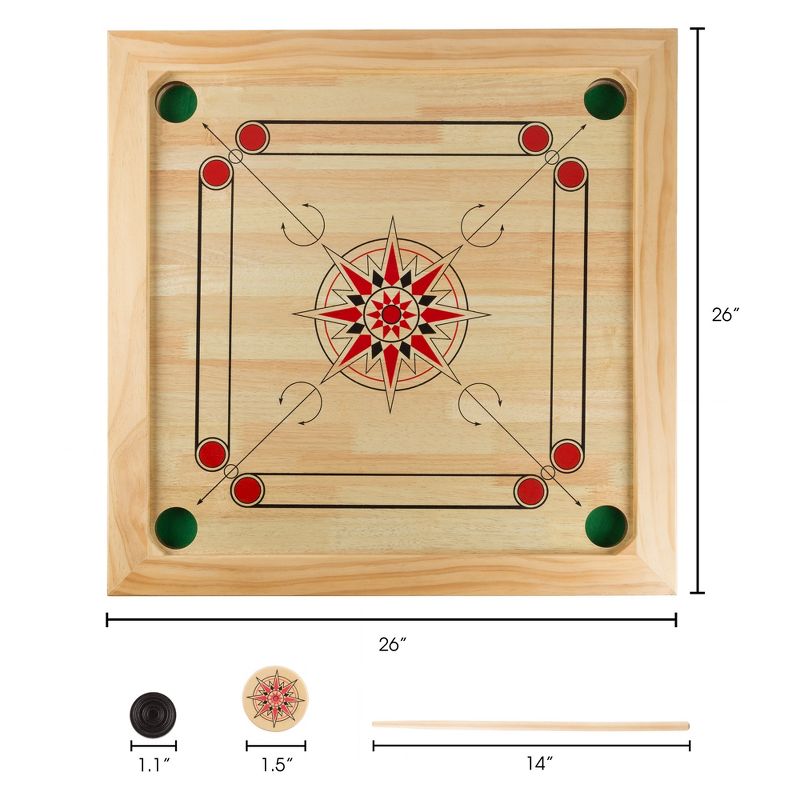 Toy Time Classic Carrom Strike-and-Pocket Tabletop Board Game With Cue Sticks, Coins, and Striker - Pine, 2 of 7