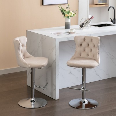 Swivel Velvet Barstools, Adjusatble Seat Height From 22-25 In, 360 ° Rotation Modern Upholstered Bar Stools With Silver Plated Base Stools