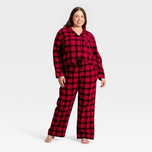 Women's Plaid Flannel Long Sleeve Shirt and Pants Holiday Matching Family Pajama Set - Wondershop™ Red/Black - 1 of 4