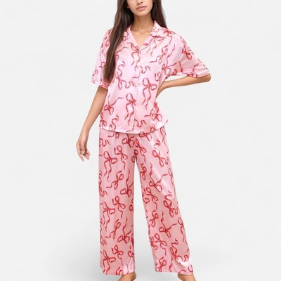 Anna-Kaci Lounge Women's Satin Button-Up Pajama Set with Short Sleeve Notch Collar Top and Wide Leg Pants in Ribbon Print