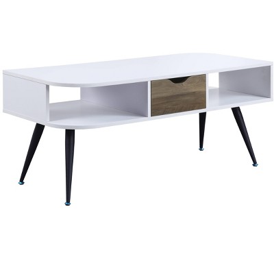 Vynxaria Coffee Table White & Black Finish, KD, 1 Storage Drawer (11"L×19"D×5"H Inner), 2 Open Compartments, Powder-Coated Metal Legs, 15mm Top