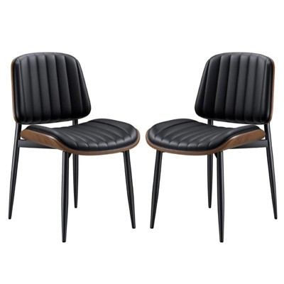 Gikpal Dining Chairs , Mid Century Modern Dining Room Kitchen Chairs, Upholstered PU Leather Vertical Stripe Chair with Walnut Bentwood and Metal Legs