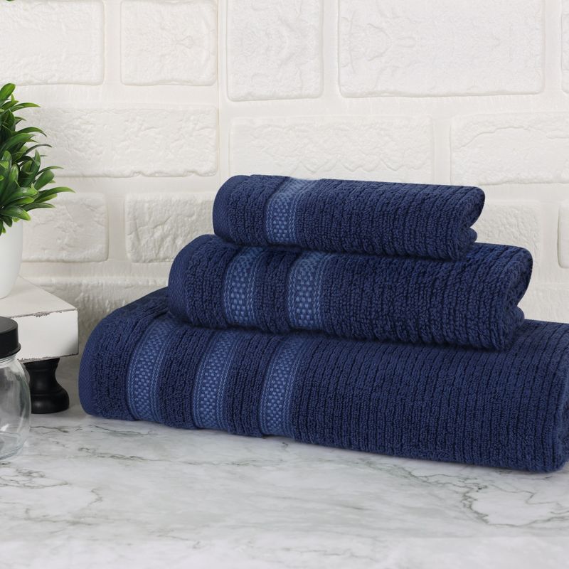 Zero Twist Cotton Ribbed Modern Geometric Border Assorted 3 Piece Bathroom Towel Set by Blue Nile Mills, 2 of 9