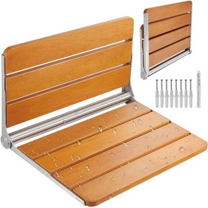 VEVOR Folding Teak Shower Seat,20.9x16'' Unfolded,Wall Mounted Fold Up Shower Bench with 500 lbs Load Capacity,Home Care Fold Down Shower Chair,Brown - 1 of 4