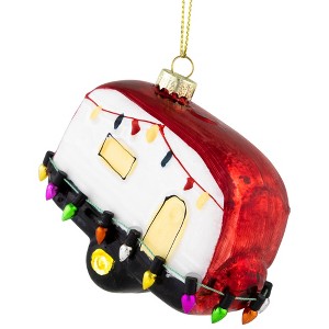 Northlight Decked Out Holiday Camper Glass Christmas Ornament - 3" - White and Red - 1 of 4