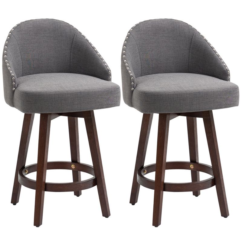 HOMCOM Bar Stools Set of 2, Linen Fabric Kitchen Counter Stools with Nailhead Trim, Rubber Wood Legs and Footrest for Dining Room, Counter, Pub, 1 of 7
