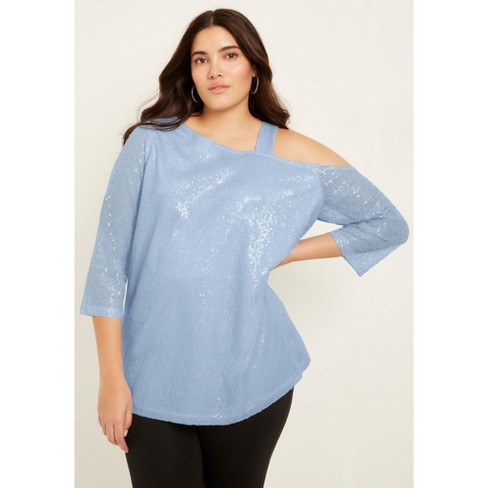 June + Vie By Roaman's Women's Plus Size Sequin One-shoulder Top