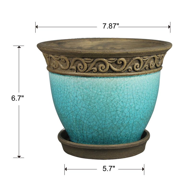 Southern Patio Cadiz 8in Diameter Crackled Glazed Ceramic Indoor Outdoor Garden Planter Pot Urn w/Saucer for Flowers, Herbs, & Plants, Teal (2 Pack), 4 of 7