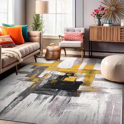 Contemporary Abstract Gold and Gray Synthetic 6'6" x 9' Area Rug