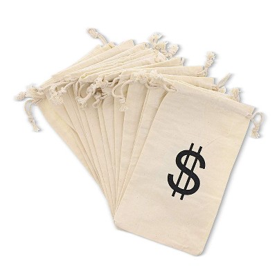Juvale 7" Set of 12 Money Bag Pouches with Drawstring Closure Canvas Cloth and Dollar Sign Design for Toy Party Favors