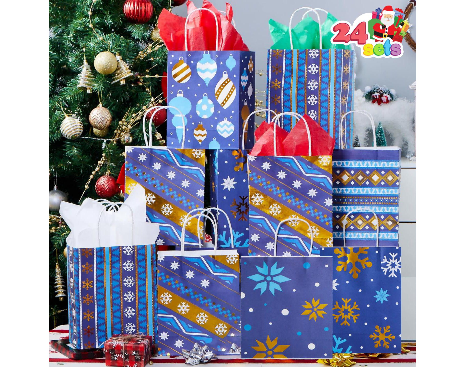 Joyfy 24 Pcs Christmas Kraft Gift Bags with Handles, Goody Wrap Craft Bags Gifts Decorations for Xmas Holiday Presents Party Favor Decor