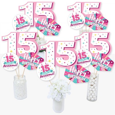 Big Dot of Happiness Girl 15th Birthday - Teen Birthday Party Centerpiece Sticks - Table Toppers - Set of 15