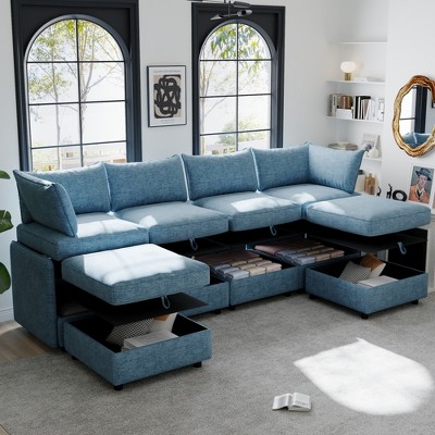 Christopher Knight Home Alvis Modular 129" Storage Sleep U-Sofa,Convertible 98.5" Chenille 4 Seater L-Sofa with Two Ottomans