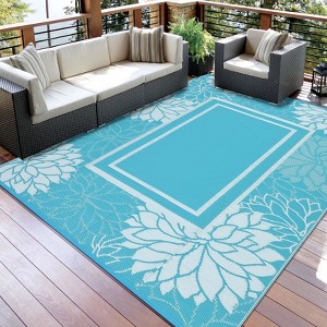Floral Outdoor Rugs 9x12 Waterproof Reversible Mats, Stain-Resistant Modern Plastic Straw Camping Rugs for Patio, Foldable Outside Carpet for RV - 1 of 4