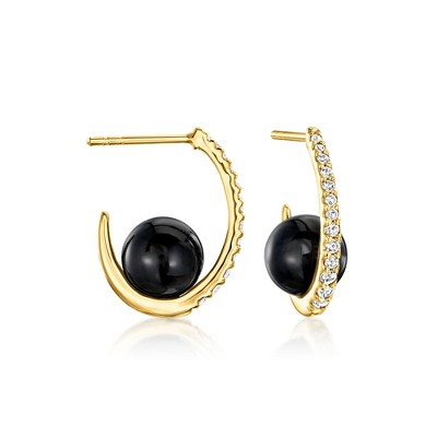 Ross-Simons Onyx and .30 ct. t.w. White Topaz C-Hoop Earrings in 18kt Gold Over Sterling