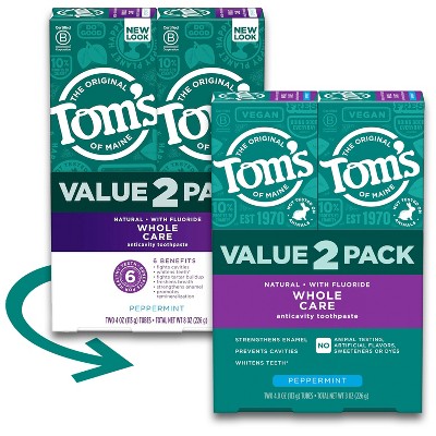 Tom's Of Maine Whole Care Peppermint Toothpaste 2pk/4oz : Target