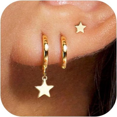 3 Pairs Small Gold Hoop Earring, 14K Gold Plated Earring Stacks Butterfly Heart Star Moon Bow Four Leaf Rhombus Round CZ Pearl