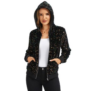 Anna-Kaci Women's Hooded Sequin Jacket with Front Zipper Closure and Ribbed Trim - Small, Multicolor - 1 of 4
