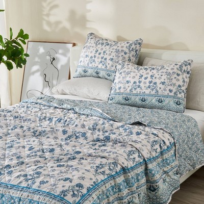 Blue Floral Microfiber Twin Reversible Quilt Set
