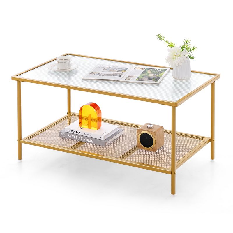 Costway 2-Tier Coffee Table with Shelf with Tempered Glass Top & Metal Frame Living Room, 1 of 11