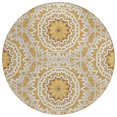Gold Gray And Ivory Floral Medallion Washable Indoor Outdoor Area Rug