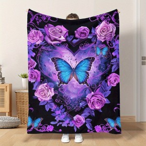 Lomsoe Watercolor Blue Butterfly & Purple Rose Print Flannel Blanket - All Seasons Soft and Warm Throw Blanket for Napping, Camping, Travel, Office - 1 of 4