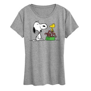 Women's - Peanuts - Snoopy Woodstock Candy Canes Christmas Short Sleeve Graphic T-Shirt - 1 of 4