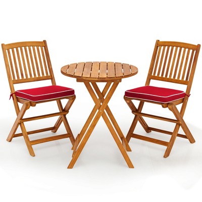 Tangkula 3PCS Folding Acacia Wood Bistro Set Patio Conversation Set w/ Red Cushions