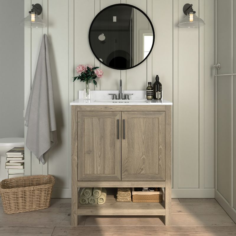 Emma and Oliver Bathroom Vanity, Single Sink Cabinet with 2 Soft Close Doors and Open Shelf, Carrara Marble Finish Countertop, 2 of 13