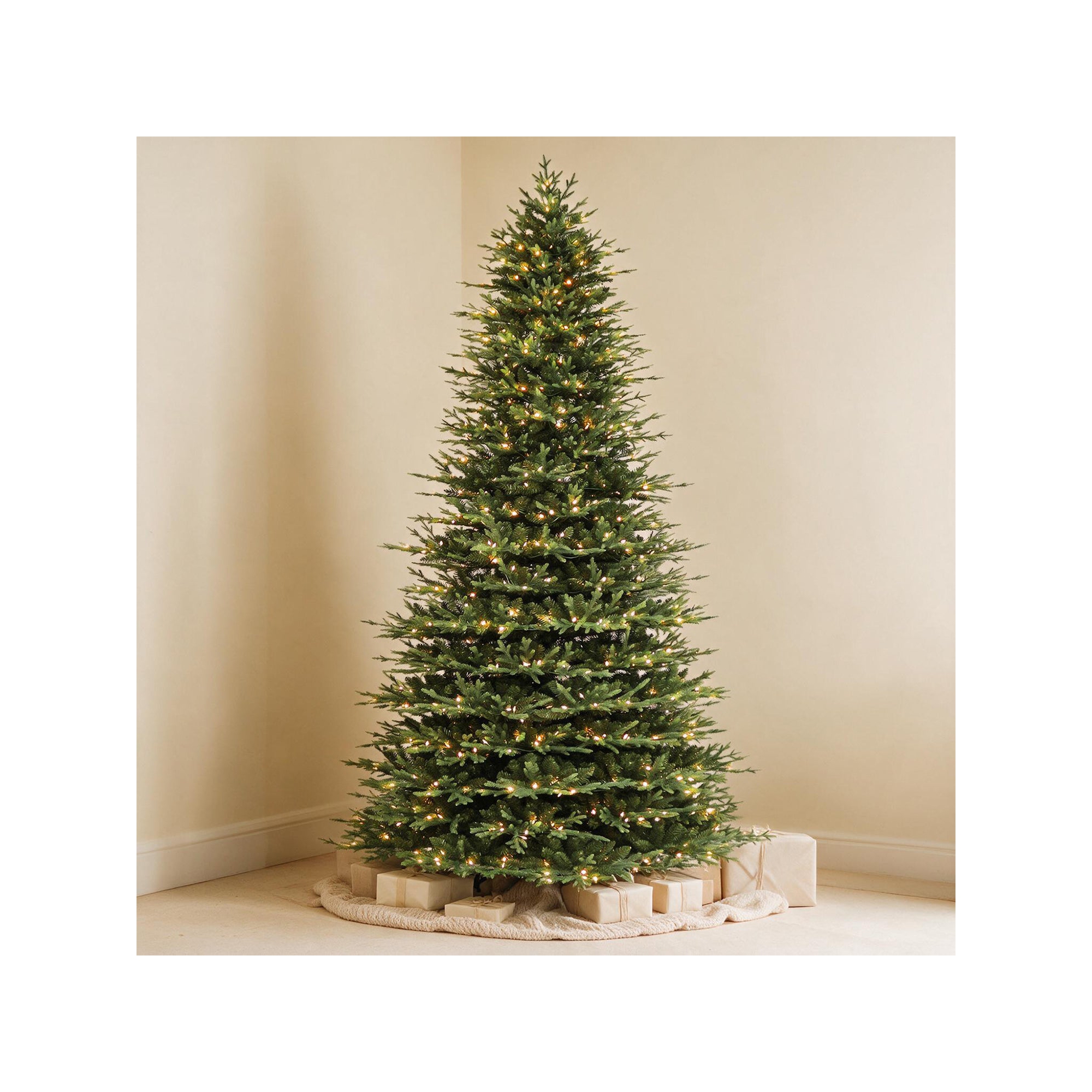 VIVATREES 9ft Prelit Artificial Christmas Tree with Warm White LED Lights Hinged Branches Metal Stand for Decor Holiday