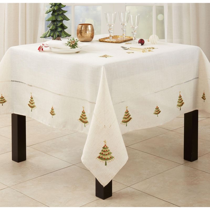 Saro Lifestyle Holiday Tablecloth With Embroidered Christmas Tree Design, Natural, 70" x 70", 3 of 5