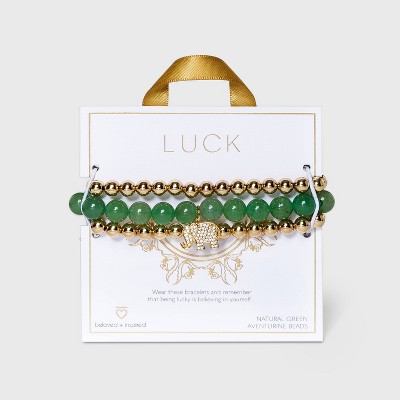 Beloved + Inspired Gold Green Aventurine with Elephant Charm Trio Stretch Bead Beaded Bracelet Set - Green