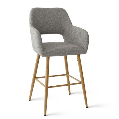 Gray Linen Upholstered Counter Height Bar Stools with Oak Legs, Set of 2