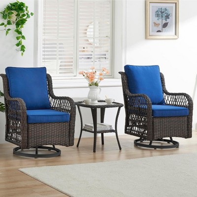 brown wicker/blue cushion