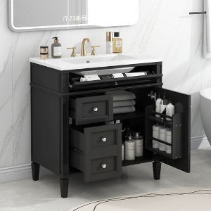 Okak Modern 30" Bathroom Vanity with Top Sink, Water-Resistant  Solid Wood Storage Cabinet with 2 Drawers and a Tip-out Drawer, Black - 1 of 4