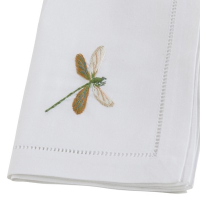 White Cotton Table Napkins with Dragonfly Embroidery, 20" Set of 6
