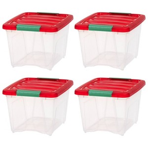 IRIS 4pk 19qt Stackable Holiday Plastic Storage Bins with Lids and Latching Buckles Clear Red - 1 of 4