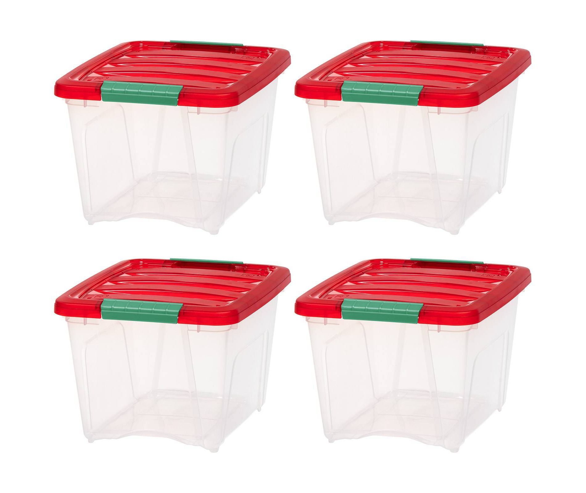 IRIS 4pk 19qt Stackable Holiday Plastic Storage Bins with Lids and Latching Buckles Clear Red