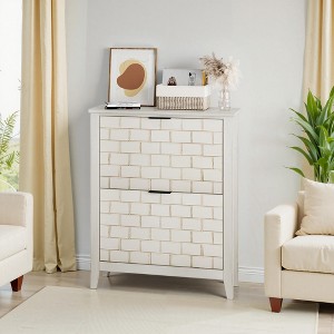 31.5-inch Vintage White Shoe Cabinet with Unique Geometric Brick Finish Shoe Organizer with 2 Reversible Drawers - 1 of 4