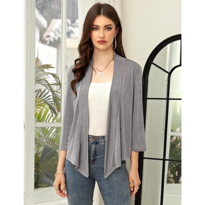 Women's Casual Tie Open Front 3/4 Sleeve Sheer Draped Ruffles Cardigan Grey M