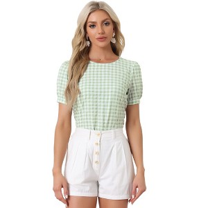INSPIRE CHIC Women's Vintage Crew Neck Puff Sleeve Casual Plaid Gingham Blouse - 1 of 4